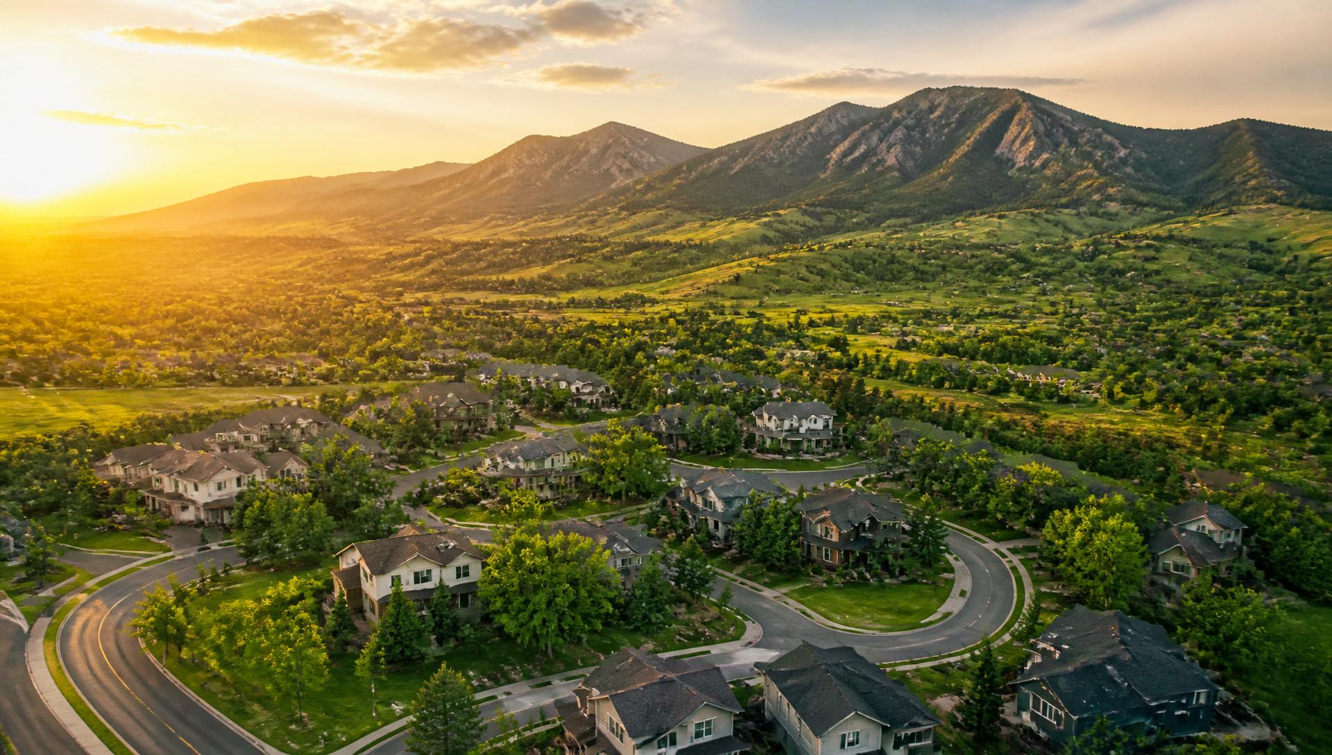 Colorado neighborhood at golden hour with the Rocky Mountain foothills in the distance